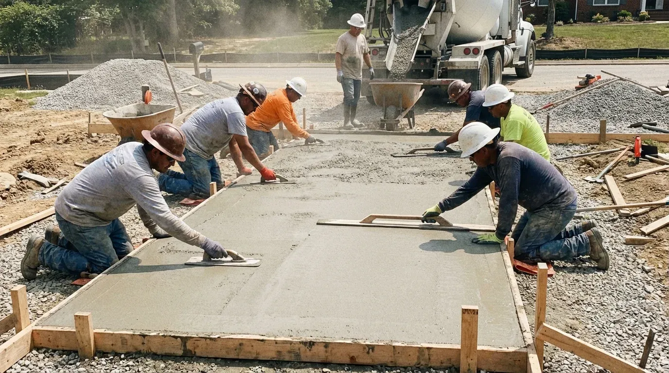 Crew pouring a residential concrete driveway in Madison, AL