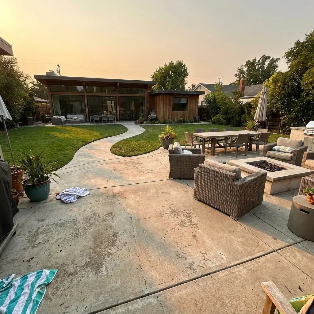 Concrete patio and walkway in a residential backyard in Madison, AL