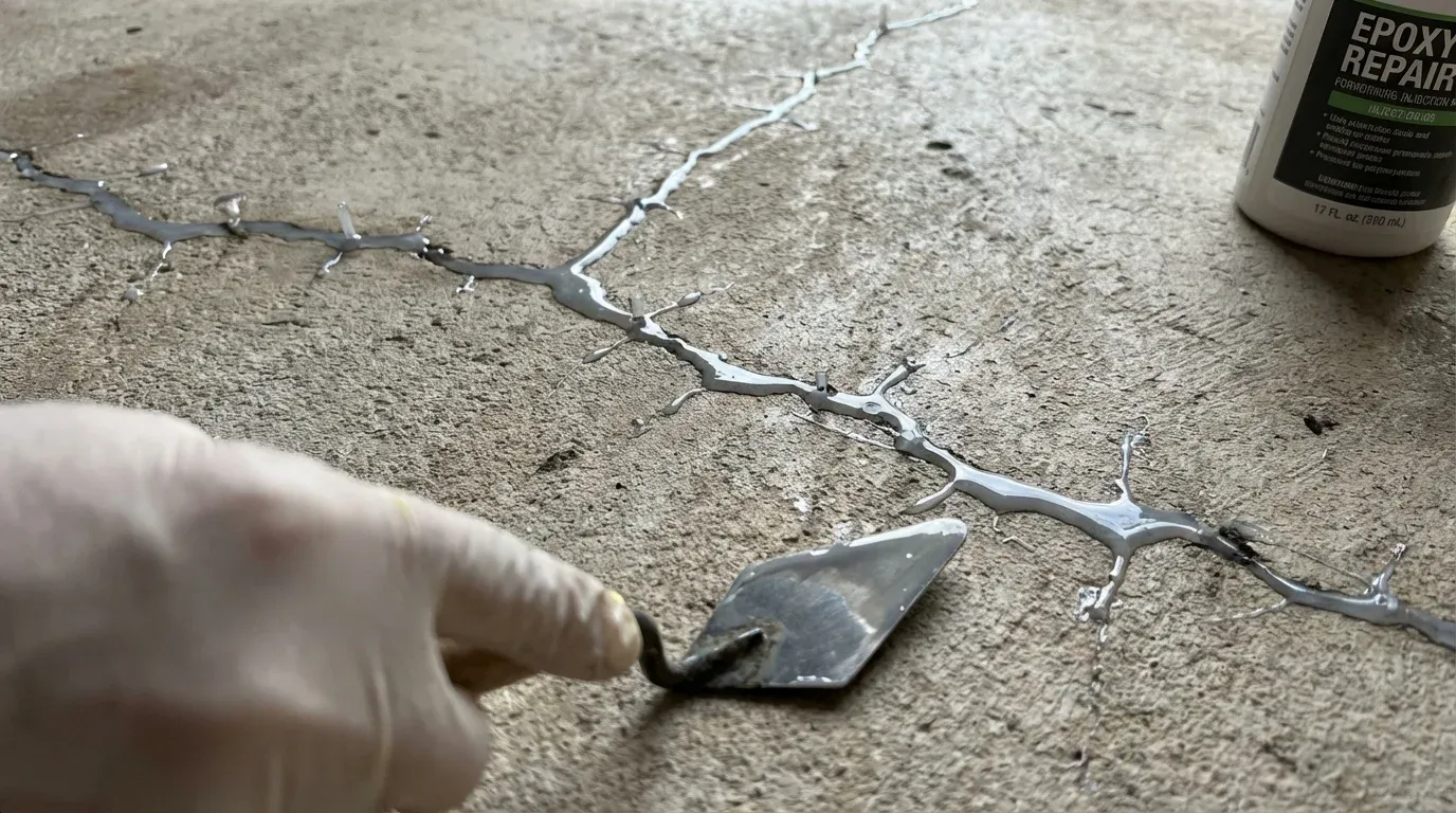 Concrete crack being routed and patched on a slab in Madison, AL