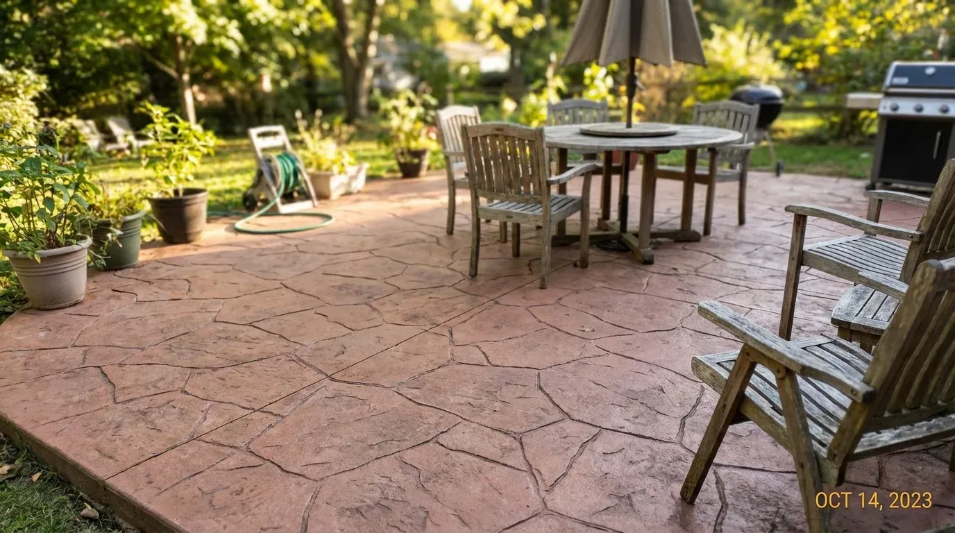 Ashlar slate stamped concrete patio at a home in Madison, AL